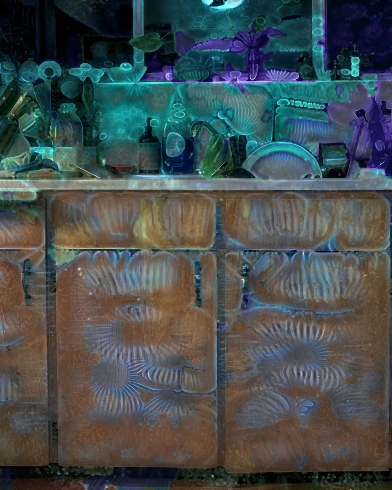 Wooden kitchen cupboards under a busy counter