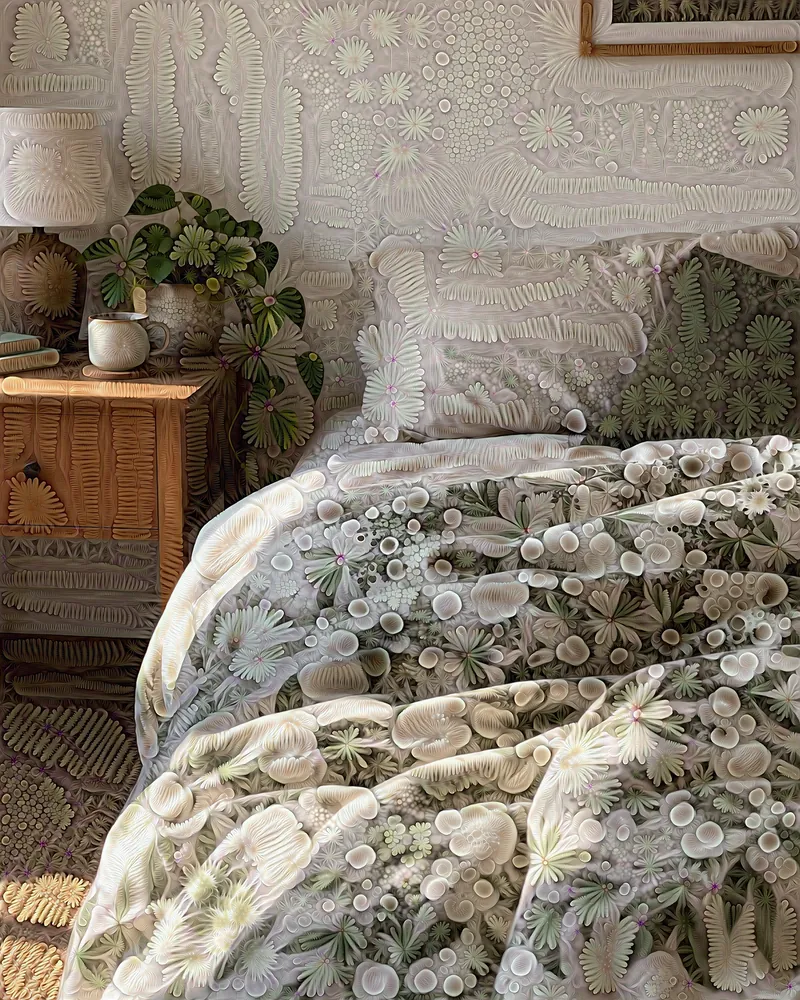 A bed in a bedroom in soft morning light, grown