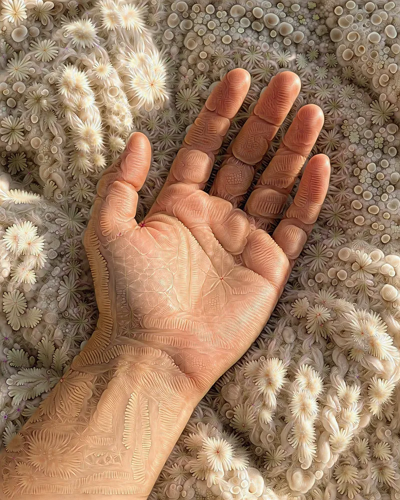 An open hand resting on a knitted blanket, grown with fine patterns